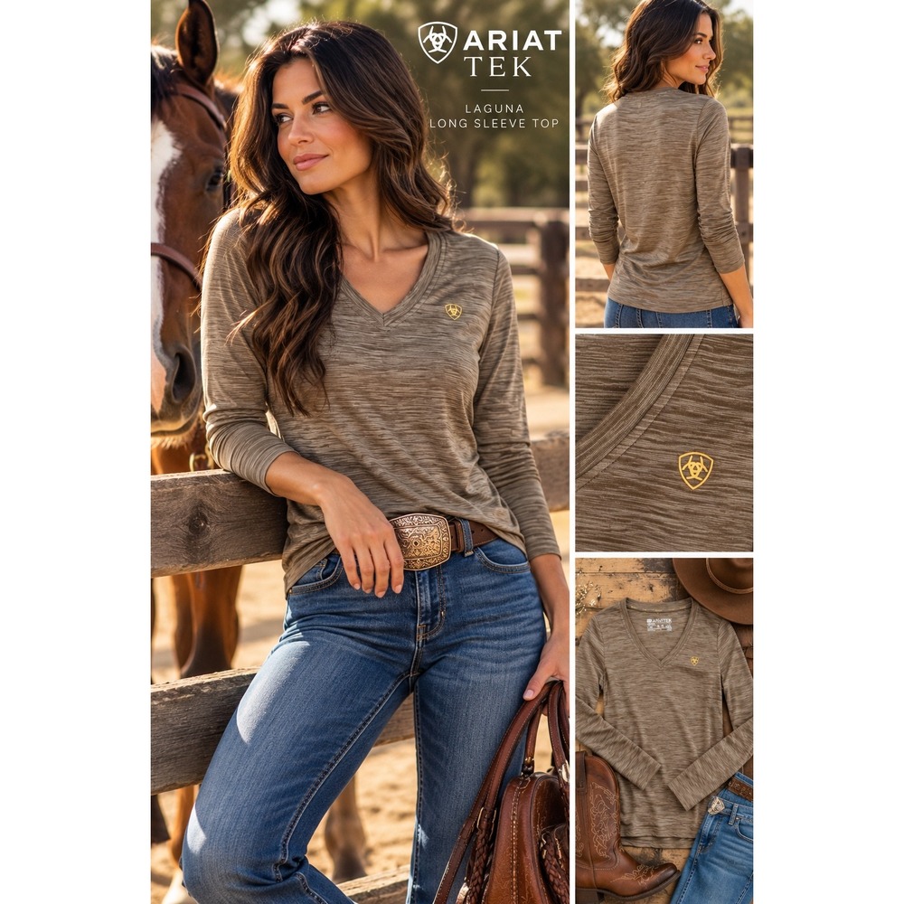 AriatTEK Laguna Long Sleeve Top M Brown Heather V Neck Western Equestrian